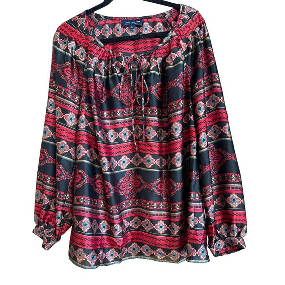 Jones New York Womens 1X Black & Red Boho Peasant Blouse Long Sleeve Colorful - Picture 1 of 4